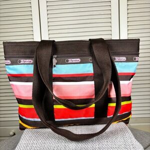 LeSportsac Multicolor Striped Nylon Tote Bag Y2K Large Shoulder Bag Lockable Zip